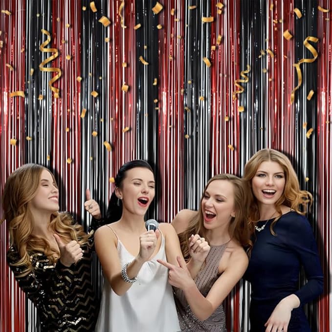 BRAVESHINE Tinsel Photo Backdrop Curtains - 2 Pack 3.2x8.2ft Black Red Foil Fringe Streamer Curtain