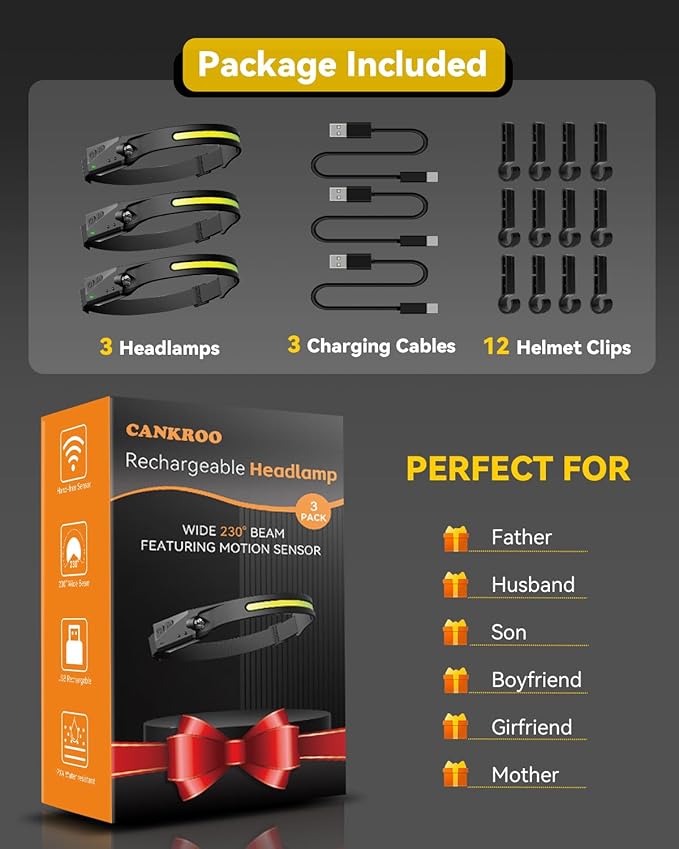 Headlamp Rechargeable 3 Pack, 230° Wide Beam Running Head Lamp Hands Free for Adults, Head Lights