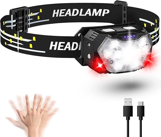 2000LM Ultra Bright 9 LED Headlamp, USB C Rechargeable Headlight, 10 Modes, Waterproof Motion