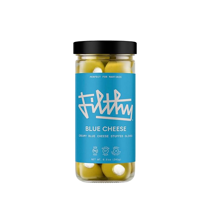Filthy Blue Cheese Stuffed Olives, Premium Cocktail Garnish, Blue Cheese Stuffed Olives, Naturally