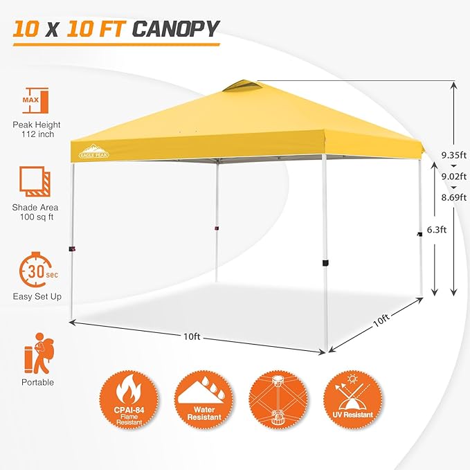 EAGLE PEAK Pop Up Canopy Tent with Wheeled Carry Bag, 8 Stakes, 4 Ropes, 4 Weight Bags, Easy Set Up