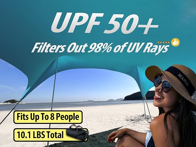 10×10ft UPF50+ Beach Tent Sun Shelter, Windproof Stable Outdoor Pop Up Beach Shade Canopy for