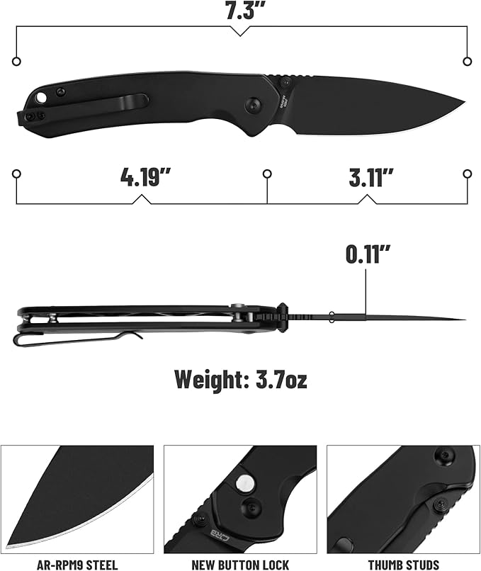CJRB Folding Knife Pyrite (J1925) AR-RPM9 Blade and Black PVD Stainless Steel Handle Button Lock