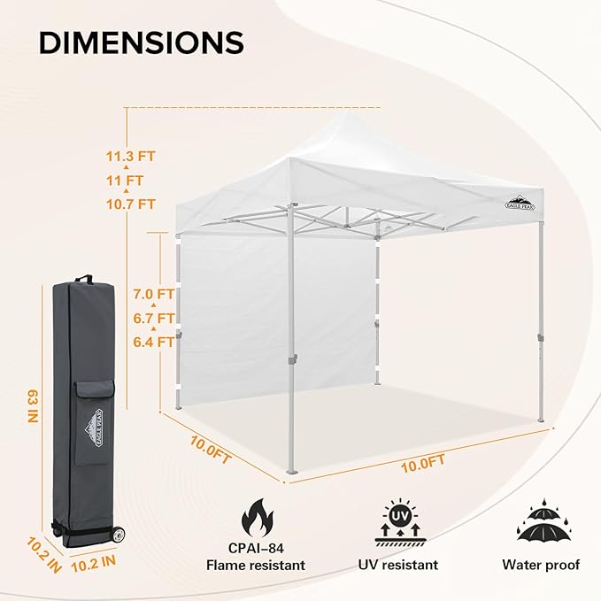 EAGLE PEAK 10x10 Heavy Duty Pop up Commercial Canopy Tent with One Removable Sidewall, Instant Sun