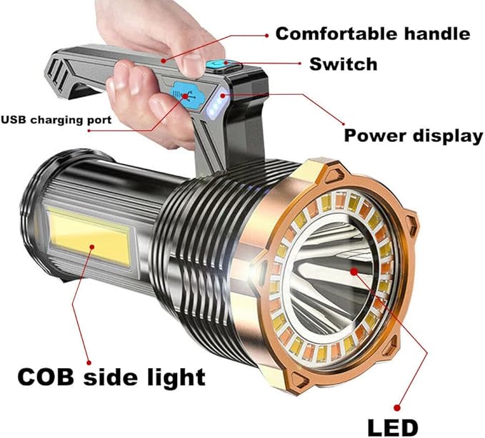 LED Flashlight USB Rechargeable, Super Brightest Flashlight with Sidelight and Hooks, 8 Modes