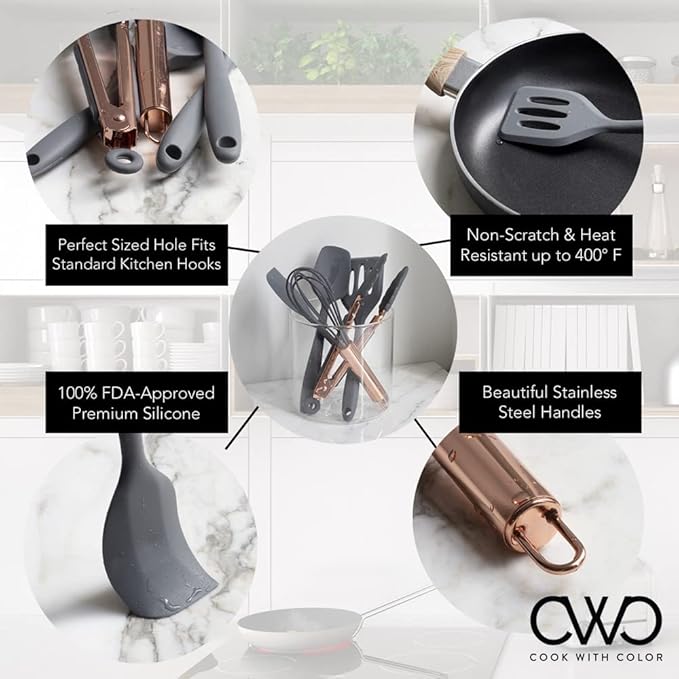 COOK WITH COLOR Silicone Cooking Utensils, Kitchen Utensil Set, Easy to Clean Silicone Kitchen