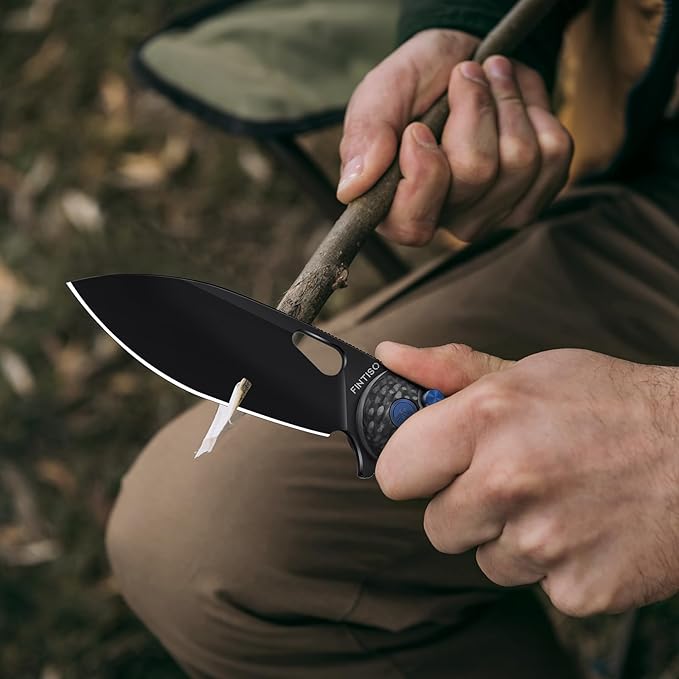 Pocket Knife, 3.1" Unique S35VN Blade Folding Knife with Button Lock, EDC Knife with Carbon Fiber