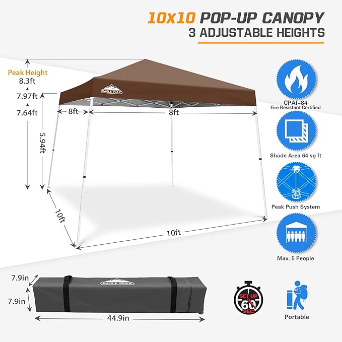 EAGLE PEAK 10x10 Slant Leg Pop-up Canopy Tent Easy One Person Setup Instant Outdoor Beach Canopy
