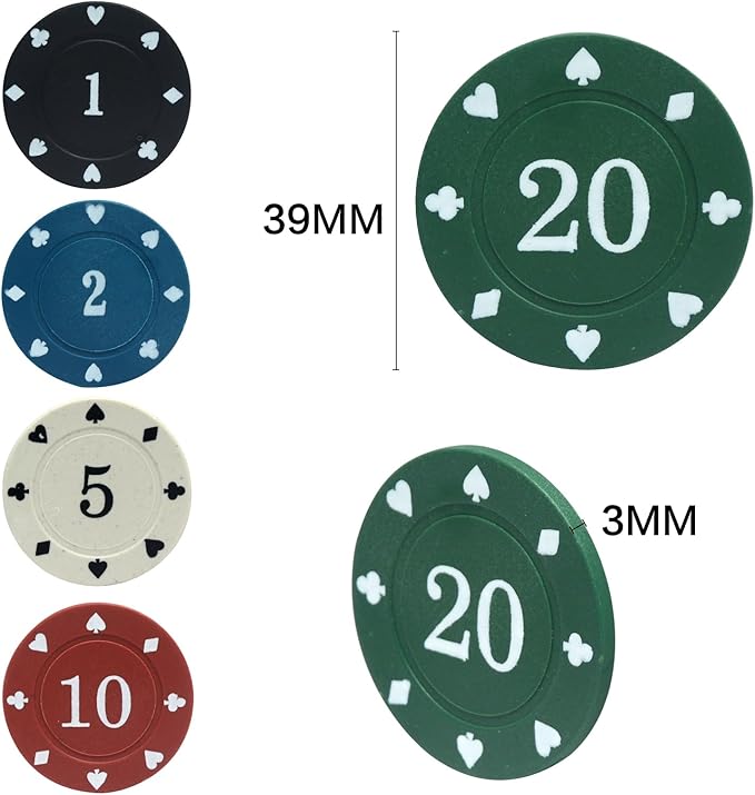 100PCS Poker Chip Set with Portable Storage Bag Professional Grade Casino Style 5 Colours for Texas