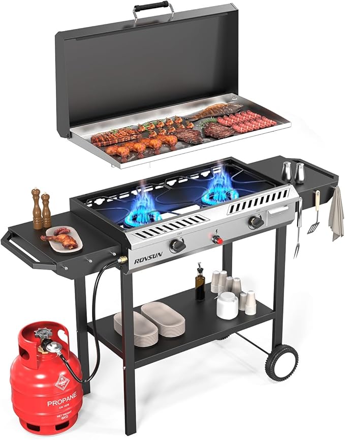 ROVSUN 2 Burner Outdoor Propane Gas Stove with Auto-ignition, Regulator & Shelf, 150,000 BTU