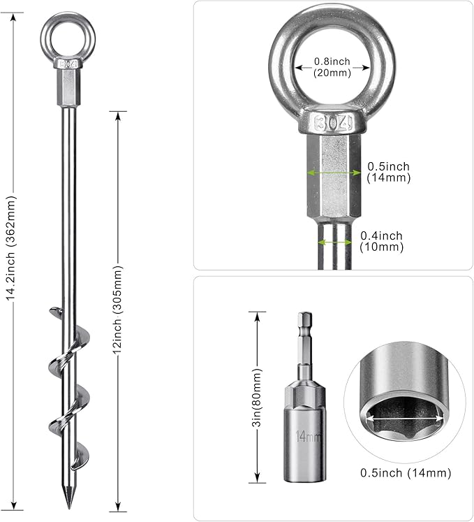 4 Pack Tent Stakes, 12 Inch Heavy Duty Ground Anchors, Fully Welded Spiral Earth Anchors for