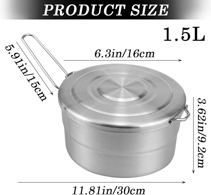DOERDO Stainless Steel Camping Cook Pot with Lid and Folding Handle, 1.5L Camping Cookware Large