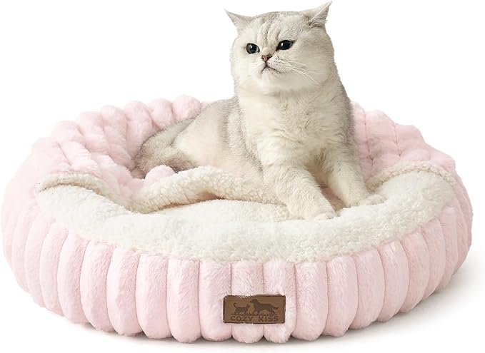 Cat Bed with Hooded Blanket, Round Fluffy Anti-Anxiety Pet Bed for Cats/Toy Breed Dogs, Cozy Donut
