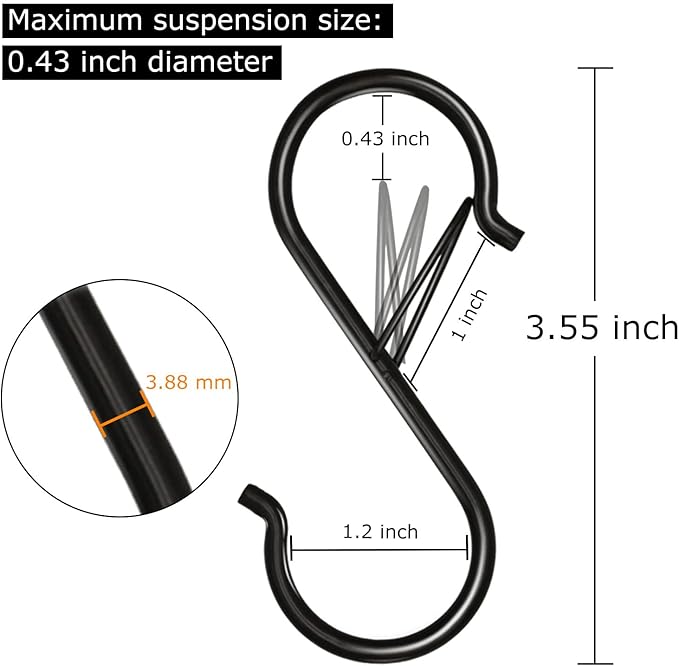48 Pack S Hooks for Hanging, 3.5 inch Heavy Duty Metal S Hooks with Safety Buckle S Shaped Hooks