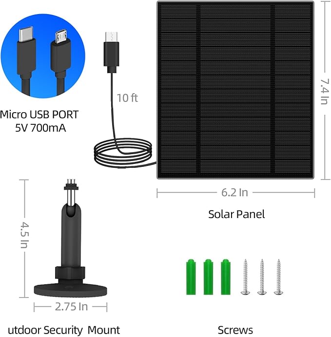 5W Solar Panel for Security Camera, Solar Panel with Micro USB & USB-C Port for DC 5V Outdoor