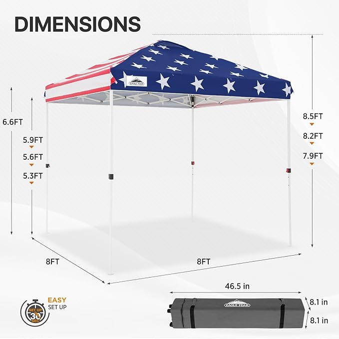 EAGLE PEAK Pop Up Canopy Tent with Wheeled Carry Bag, 8 Stakes, 4 Ropes, Easy Set Up Tent Canopy