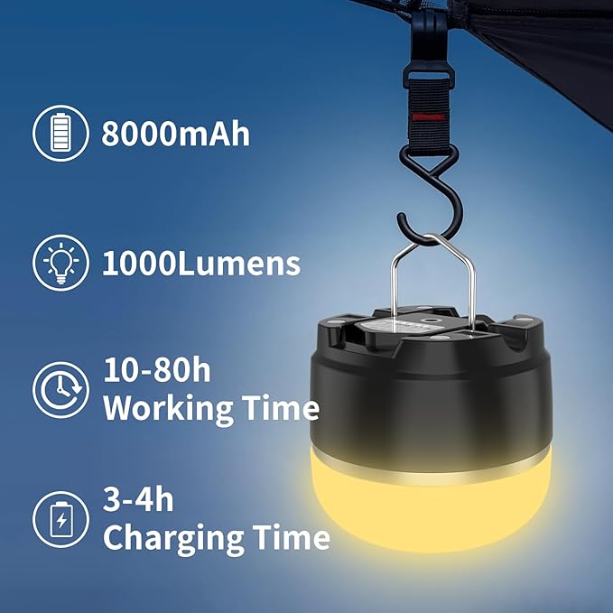 LED Camping Lantern Rechargeable, 1000LM Tent Light with 3 Color Lighting Modes, 8000mAh Power