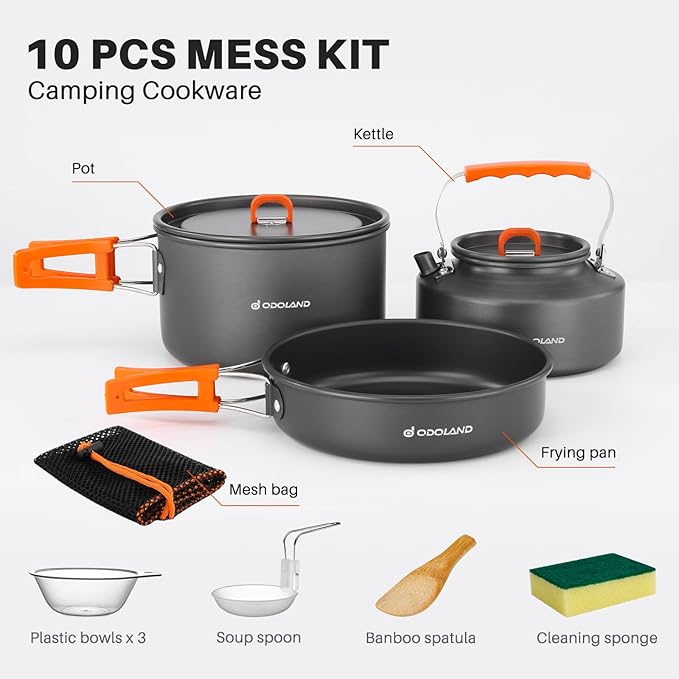 Odoland 10pcs Camping Cookware Camping Pots and Pans Set with Kettle Plastic Bowls and Soup Spoon