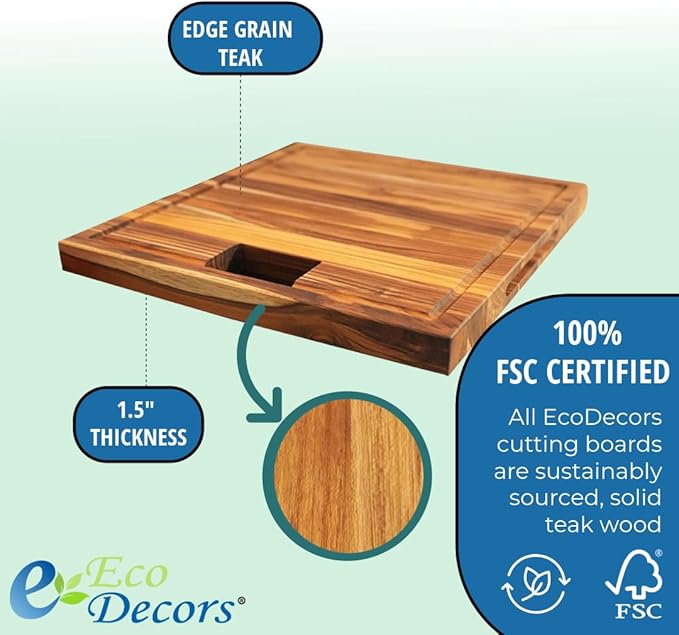 EcoDecors, Teak Edge Grain Cutting Board 17"x18", Solid FSC Teak Wood Butcher Block with Juice