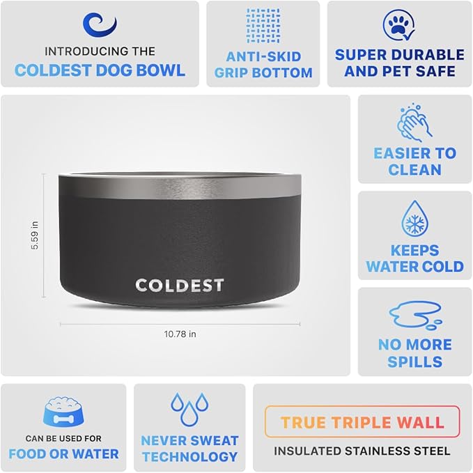 Coldest Dog Bowl - Anti Rust Metal, Non Slip, 3 Layers Insulated Stainless Steel Dog Bowls - Spill