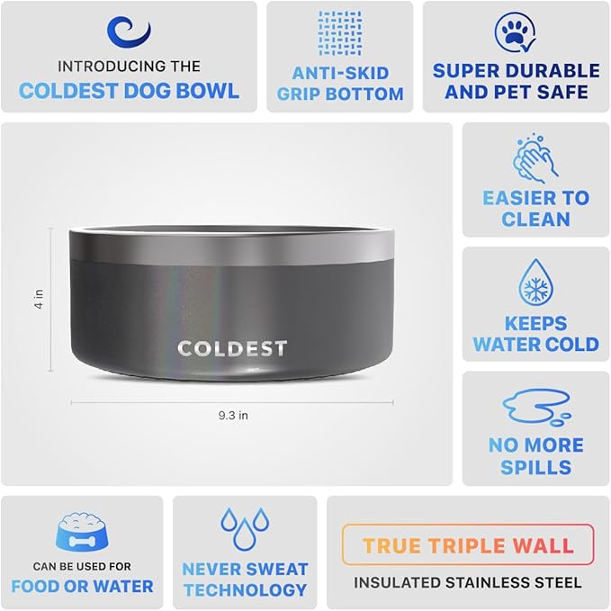 Coldest Dog Bowl - Anti Rust Metal, Non Slip, 3 Layers Insulated Stainless Steel Dog Bowls - Spill