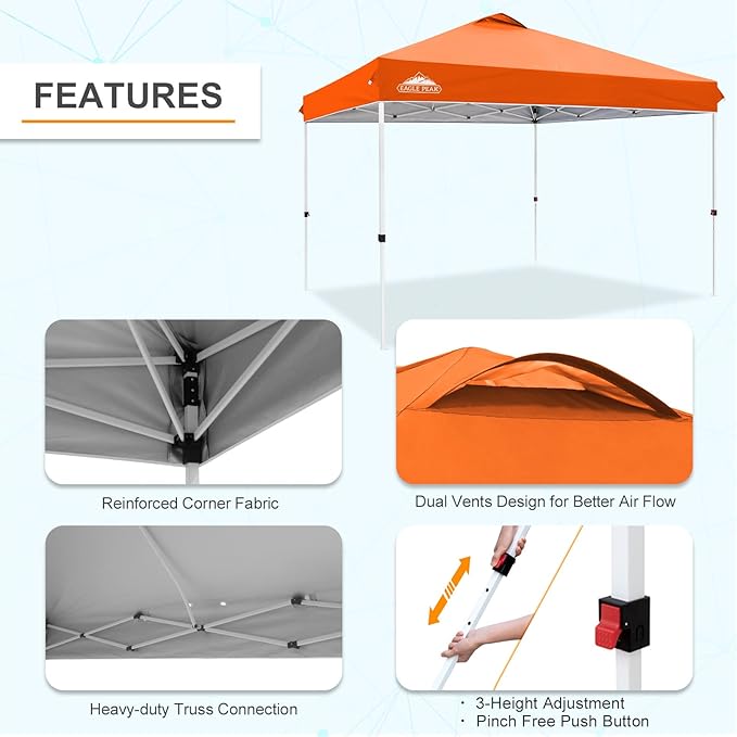 EAGLE PEAK Pop Up Canopy Tent with Wheeled Carry Bag, 8 Stakes, 4 Ropes, 4 Weight Bags, Easy Set Up