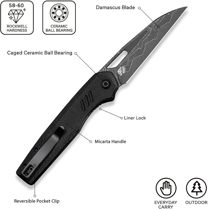 CIVIVI Guile Pocket Knife, Folding Knife for EDC, 3.25" Damascus Blade Micarta Handle with