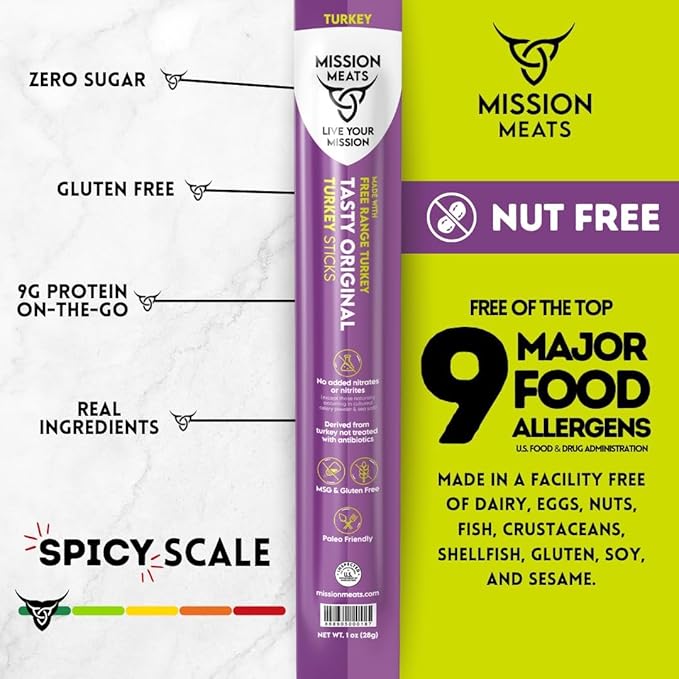 Mission Meats Turkey Sticks – 100% Free Range, Zero Sugar, Healthy Snacks, 9g Protein, Individually