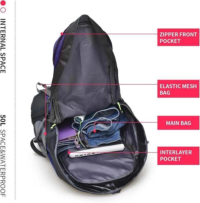 Bseash 50L Hiking Backpack, Water Resistant Lightweight Outdoor Sport Daypack Travel Bag for