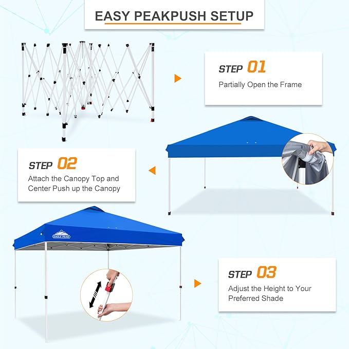 EAGLE PEAK Pop Up Canopy Tent with Wheeled Carry Bag, 8 Stakes, 4 Ropes, 4 Weight Bags, Easy Set Up