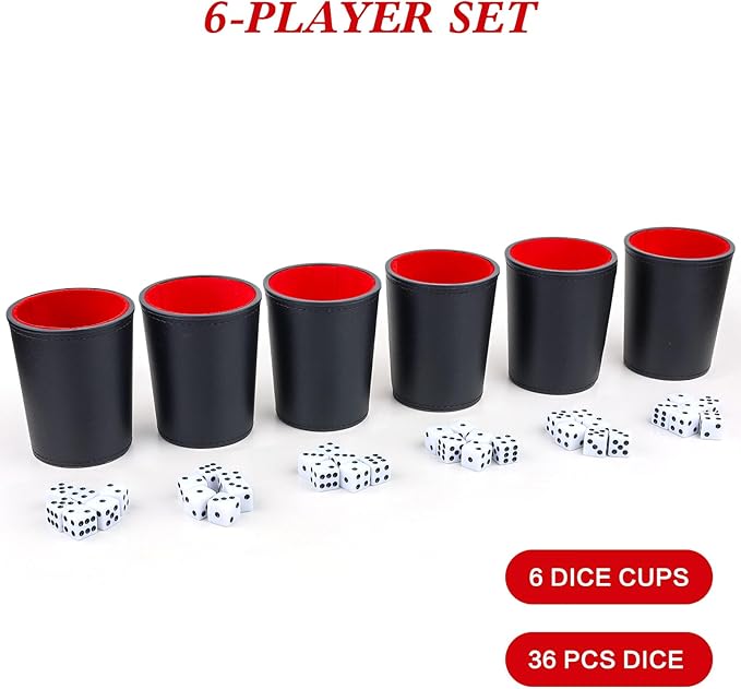 Felt-Lined PU Leather Dice Cup Set, 6 Quiet Dice Shaker Cups with 36 Dices for Bar Party Yahtzee