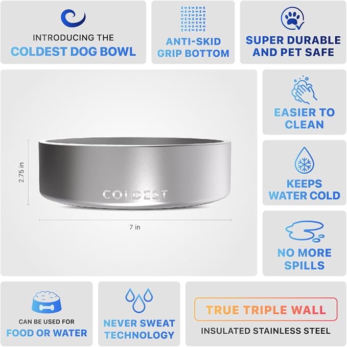 Coldest Dog Bowl - Anti Rust Metal, Non Slip, 3 Layers Insulated Stainless Steel Dog Bowls - Spill
