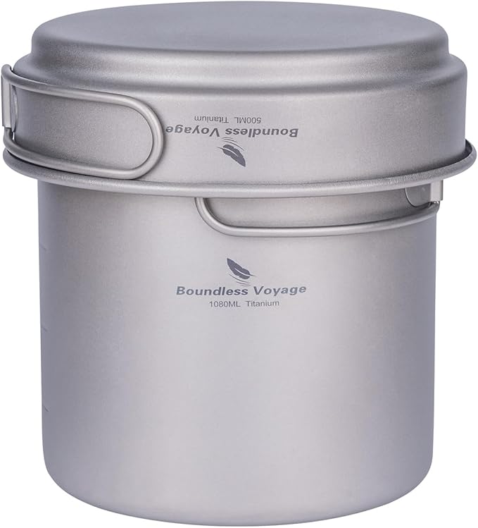 iBasingo Titanium Pot Pan Set with Folding Handle - Ultralight Portable Outdoor Cookware Mess Kit