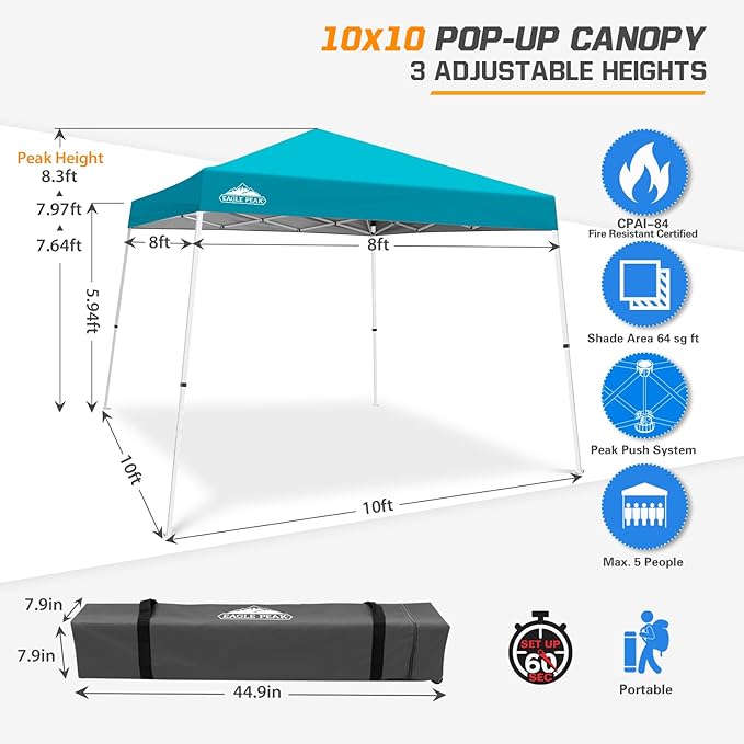 EAGLE PEAK 10x10 Slant Leg Pop-up Canopy Tent Easy One Person Setup Instant Outdoor Beach Canopy