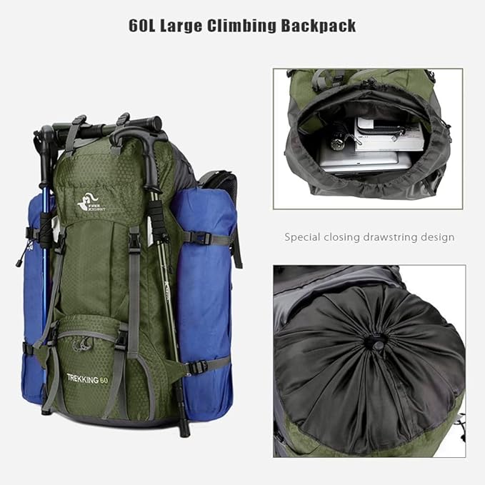 Bseash 60L Waterproof Hiking Camping Backpack with Rain Cover, Large Outdoor Sport Travel Daypack