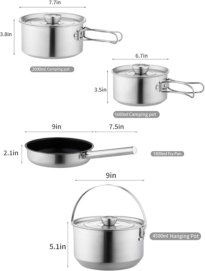 CampPro Camp Cooking Set for 4-8, Stainless Steel Camping Cookware Set, Camping Equipment with