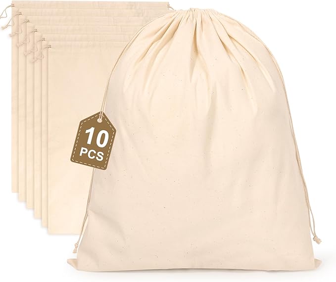 10PCS Cotton Storage Bags with Drawstrings, X-Large 14x17inch Multipurpose Canvas Fabric Bread