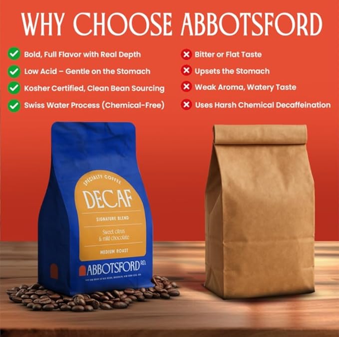 Abbotsford Road Whole Bean Decaf Coffee, Specialty Medium Roast 12 oz Bag, Chemical-Free Arabica
