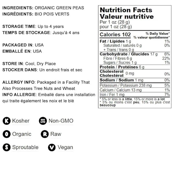 Food to Live Organic Whole Dried Green Peas, 20 Pounds – Non-GMO, Green Vatana, Sproutable, Vegan