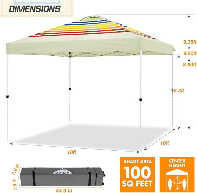 EAGLE PEAK Pop Up Canopy Tent with Wheeled Carry Bag, 8 Stakes, 4 Ropes, 4 Weight Bags, Easy Set Up