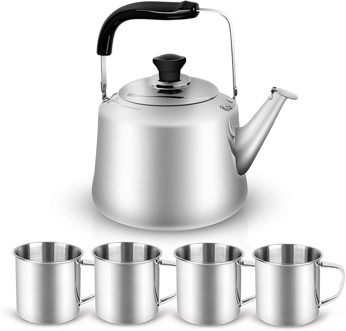 Odoland 4L Camping Kettle Set with 4 Cups, Durable Stainless Steel Camp Tea Coffee Water Pot with 4