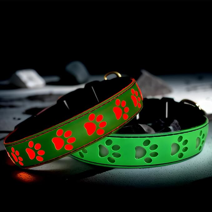 LED Light Up Dog Collar, USB-C Rechargeable, Multicolor Paw Print Design, 15 Modes Lighting Night