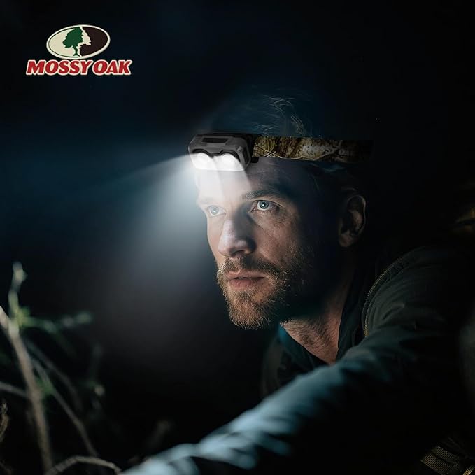 Mossy Oak 600 Lumens Rechargeable Headlamp, Lightweight LED Headlight with White & Red Light