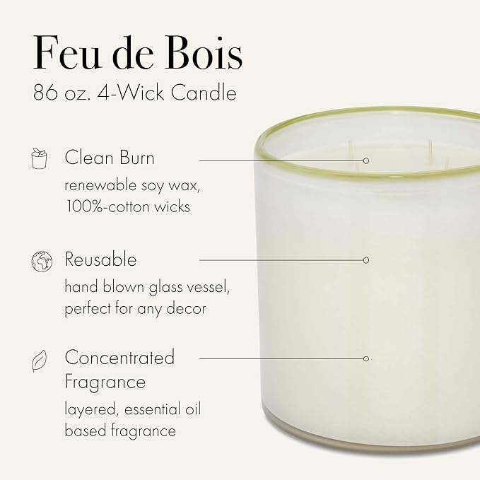 LAFCO New York Luxe 4-Wick Candle, Feu de Bois - 86 oz - 200-Hour Burn Time - Reusable, Hand Blown