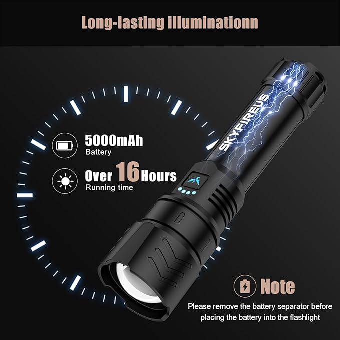 SKYFIRE LED Flashlights High Lumens,2000lm Super Bright Rechargeable Flashlight with Ignition Lens