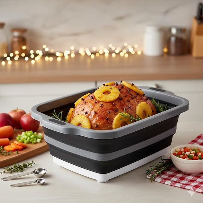 Collapsible Large (8L) BBQ Marinating Tub w/Cutting Board | Multipurpose Food-Grade TPE Prep Tub