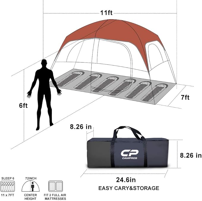 CAMPROS CP Tent 8 Person Camping Tents, Waterproof Windproof Family Tent with Top Rainfly, Large
