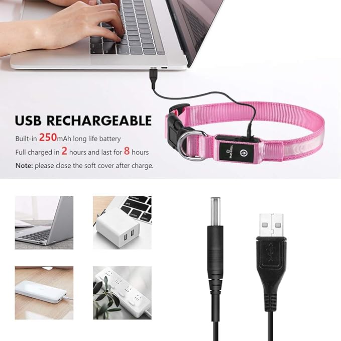 MASBRILL Light Up Dog Collar, LED Glow Collar with USB Rechargeable Lighted Bright Flashing Pink