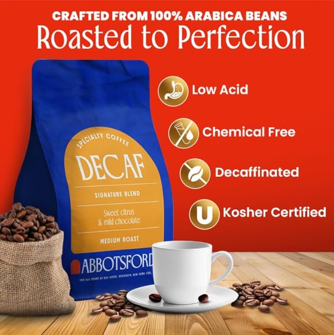 Abbotsford Road Whole Bean Decaf Coffee, Specialty Medium Roast 12 oz Bag, Chemical-Free Arabica