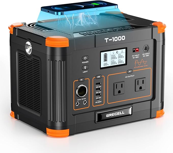Portable Power Station 1000W (Peak 2000W), GRECELL 999Wh Solar Generator with 60W USB-C PD Output